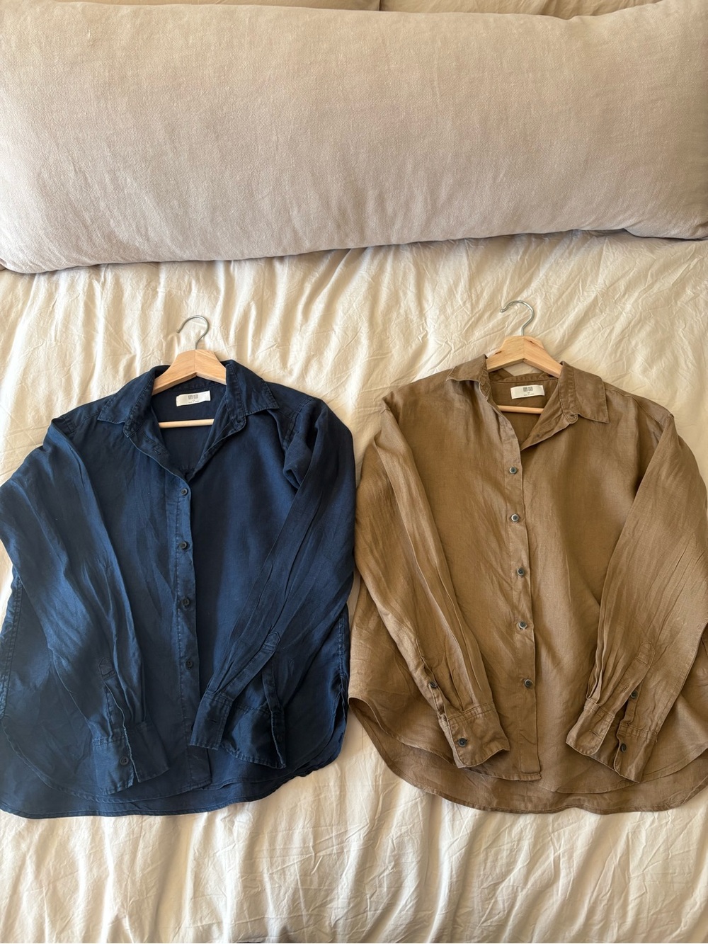 Uniqlo linen Navy and Brown Button-Down Shirts.